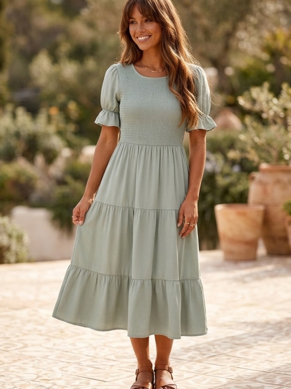 Sage Green Smocked Puff Sleeve Tiered Midi Dress Cottagecore Sz Small